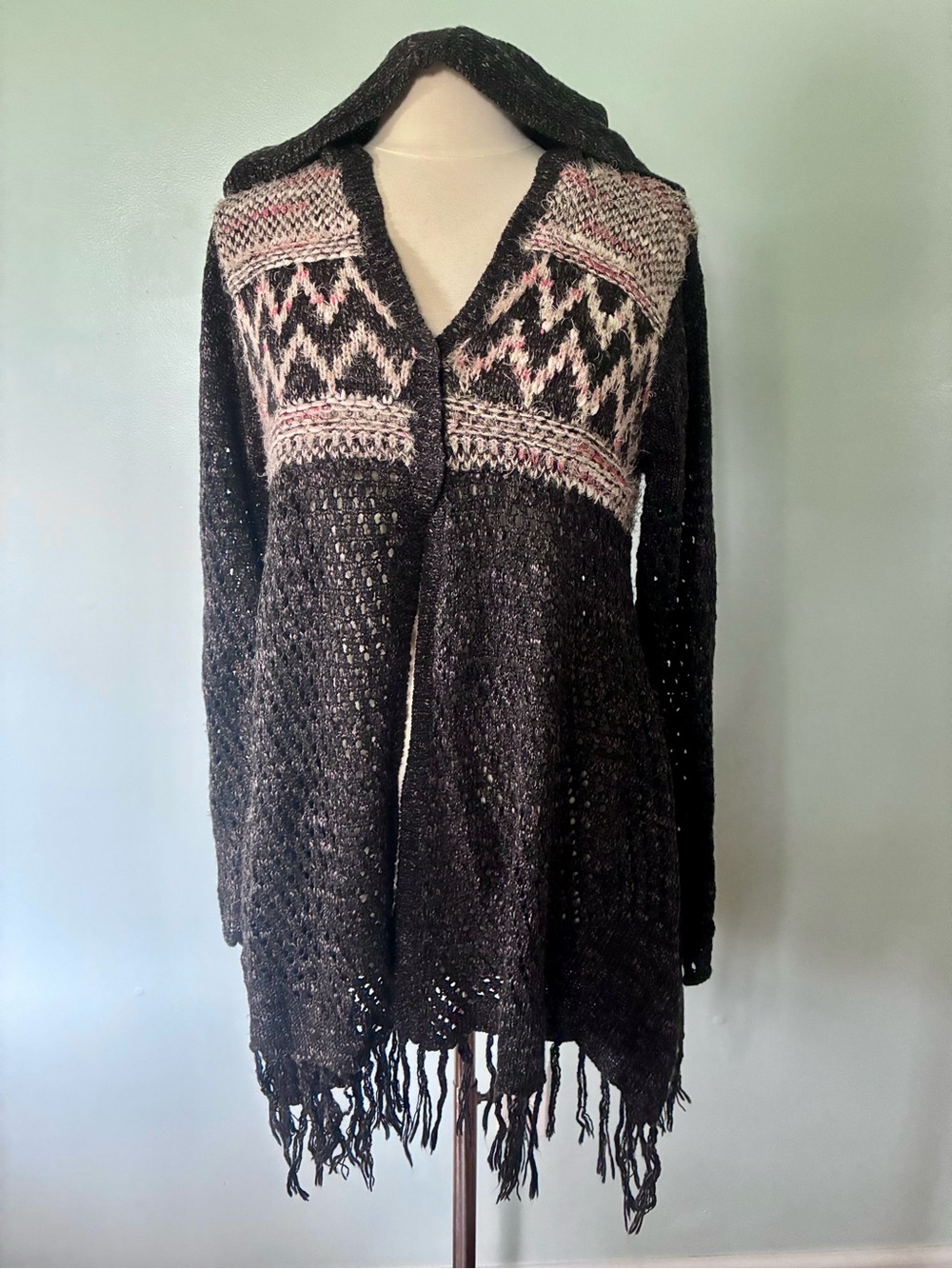 Vintage America Fringe Hem Long Hooded Cardigan